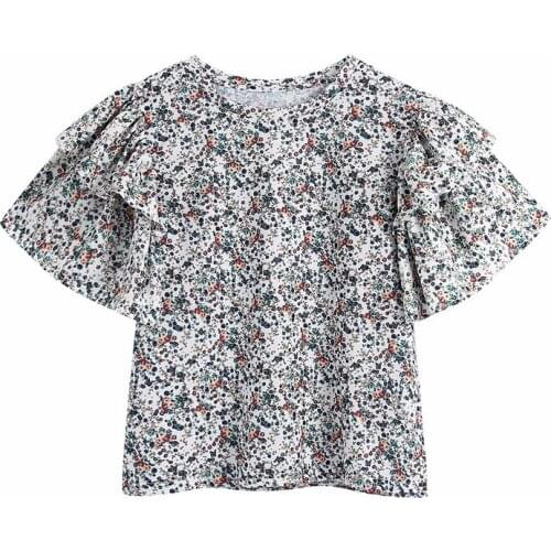 Summer womens casual flower print round neck short-sleeved ruffled decorative T-shirt