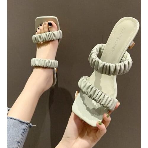 2021 New Summer Women Slipper Thin High Heel Ladies Square Toe Shoes Outdoor Zapatillas Mujer Casa Mule Feminino Sandals