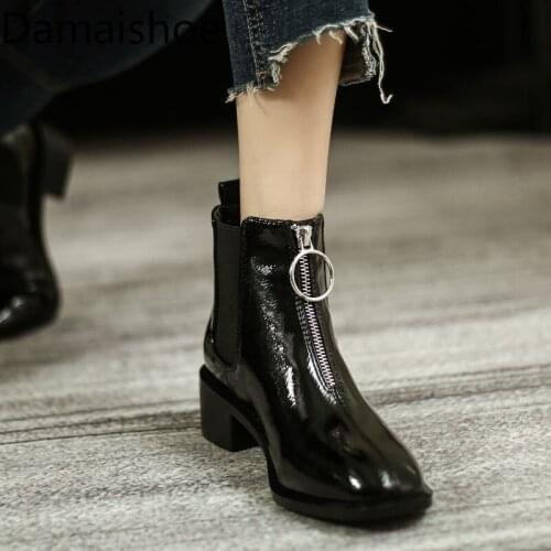 British Style Women Winter New Temperament Trend Boots Womens Patent Leather Front Zipper Chunky Heel All-Matching Ankle Boots