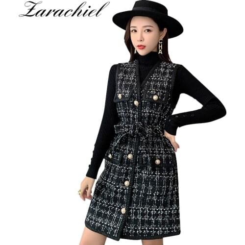 Women Elegant Pearls Single-Breasted V-Neck Sashes Tweed Plaid Wool Vest Dress+Black Turtleneck Button Knit Top Winter 2PCS Set
