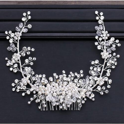Elegant Silver Color Pearl Rhinestone Hair Jewelry Women Handmade Tiara Hair Comb Bridal Hair Band Wedding Hair Accessories Gift