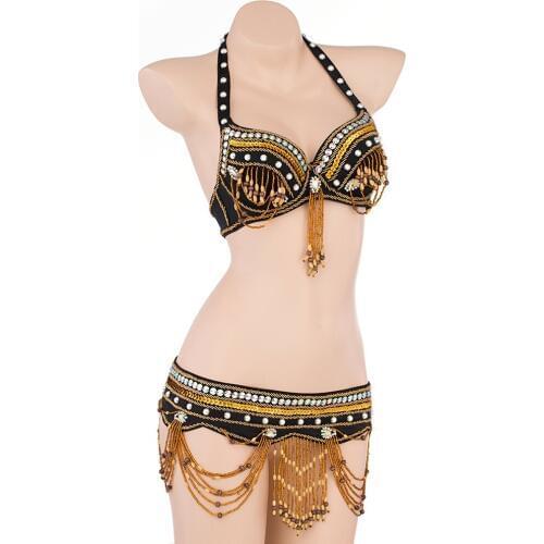 Women Tribal Belly Dance Wear 2018 Oriental Dance Beaded Bra and Belt Bellydance Suit 2pcs Costume Bra Belt