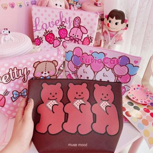 1pc Lovely Bear Rabbit Large Capacity PU Leather Purses Zipper Cosmetics Bag lady make up Storage Girls Gifts
