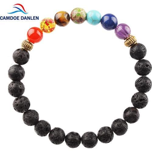 CAMDOE DANLE 7 Chakra Stone Bracelet Men Black Lava Healing Balance Beads Reiki Buddha Prayer Charm Yoga Strand Bracelet Women