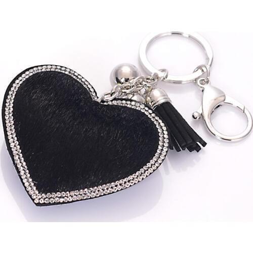 Pave Crystal Heart With Fur Rhinestone Handbag Charm Pendant Keychain Bag Keyring Tassel Key Chain For Women Gift