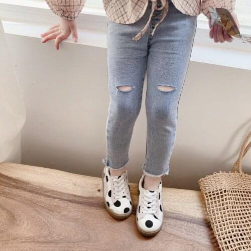 Girls' Jeans 2021 Spring New Style Denim Pants Stretch Fashion Pencil Pants Cowboy Trousers Slimming Ripped Pants Baby Girl Jean