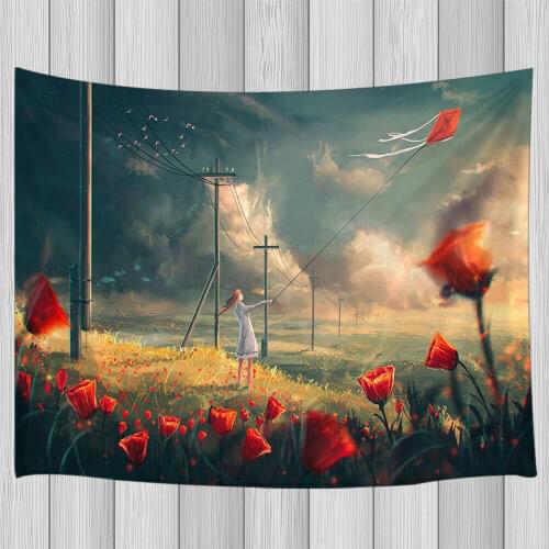 Girl Puts Red Kite Tapestry Wall Hanging for Living Room Bedroom Dorm Decor