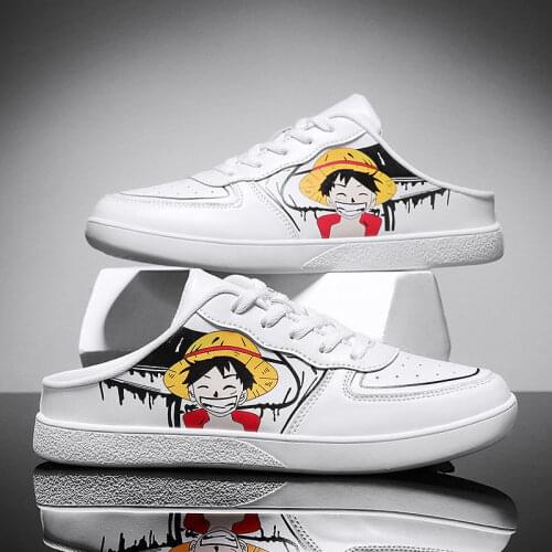 Summer White Anime Mens Casual Shoes Flat Breathable White Mens Casual Sneakers Big Size 46 Slip On Loafers Men Anime Sneakers