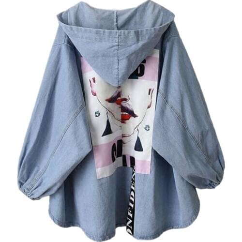 Harajuku Denim Jacket Kahaki Coat Female Female Rock Loose Jacket Casual Long Sleeve Womens Denim Jacket Outwear Punk Hoodie