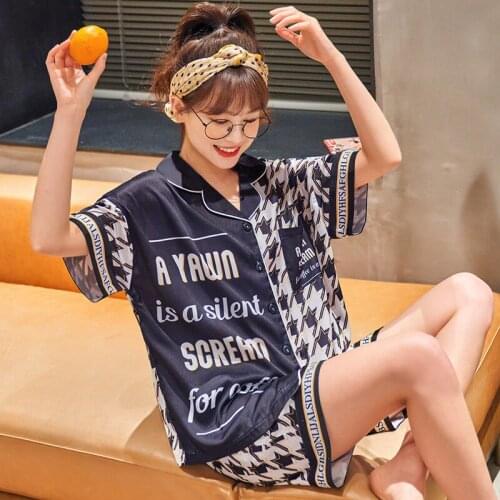 Summer Pajamas Women Sleepwear Plus Size XXXL Loose Version Silk Short Sleeved Shorts Suit Cartoon Pajama Set