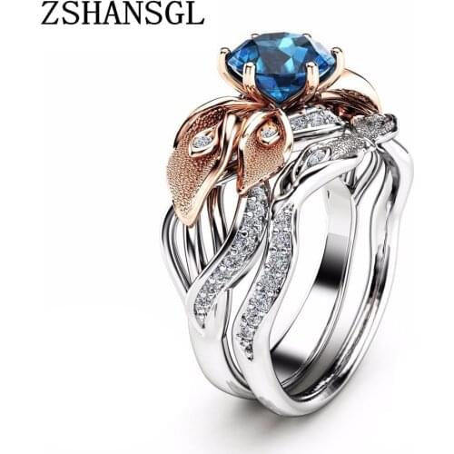Fashion Engagement Woman Blue Cubic Zirconia Ring For Women Female Double Rings Set Bijoux Ladies Lover Wedding Jewelry Party