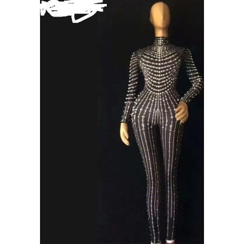 New woman Fashion Black Nude Pearls Jumpsuit Sexy Bodysuit Stage Performance One-piece Stretch Party luxurious singer costume