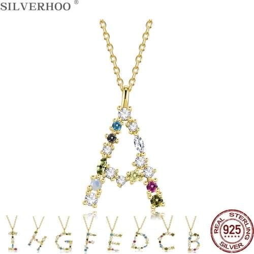 SILVERHOO 925 Sterling Silver 26 Letter Pendant Necklaces For Women Sparkling Multicolor CZ Golden Chain Necklace Silver Jewelry