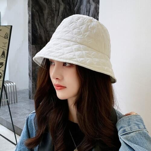 New Autumn Winter Grid Women Panama Bucket Hat Solid Color Wide Brim Sunscreen Packable Fisherman Cap Wind Warm