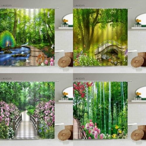 Landscape Scenery Shower Curtain Forest Waterfall Green Plants Flowers Deer Nature Photography Bathroom Decor With Hook Screen