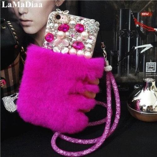 LaMaDiaa Luxury Big Rhinestone Diamond Real Rabbit Fur Soft Phone Cases For Samsung A9 A8 A7 A6 A5 J8 J7J6 J5 J4 2018 Bling Case