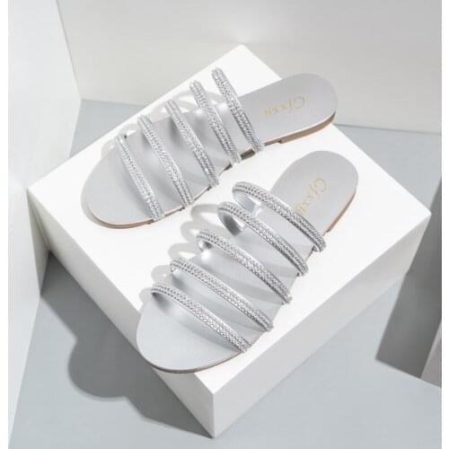 2021 New Arrival Summer Women Sequins Flat Slippers Europe Outside Slippers Golden Silver Slides Casuals Beach Slippers Size -42