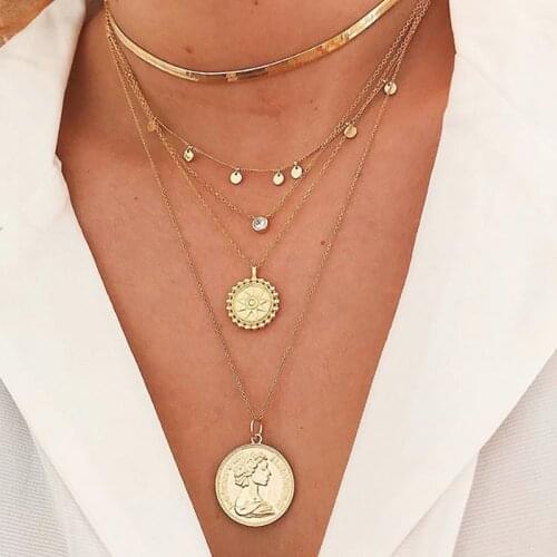 Bohemian Multilayer Chain Sequin Rhinestone Necklace for Women Vintage Portrait Coin Pendant Necklace Geometric Collier Collares