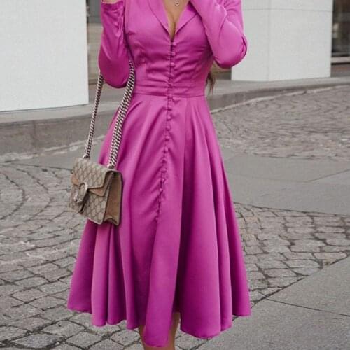 BacklakeGirls Vintage Sexy Lapel Deep V Neck Long Sleeve Satin Cocktail Dress Elegant Big Swing Pleated Evening Party Dresses