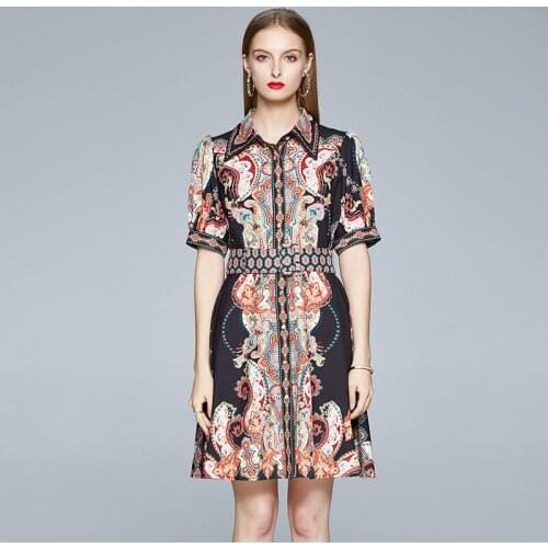 New Summer High Quality Women Flower Printed Vintage Dress Puff Sleeve Shirt Dress Female Party Dress With Belt k3779