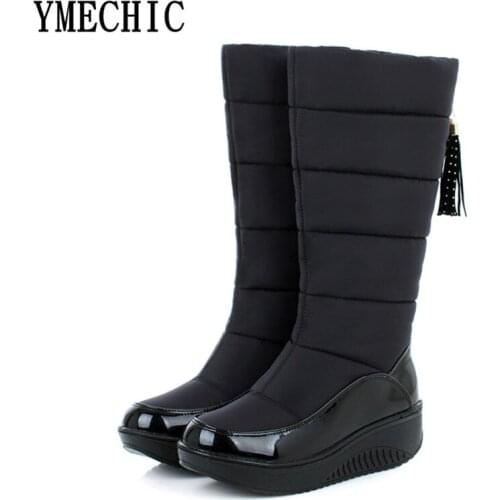 YMECHIC Womens Shoes Winter Boots Footwear Thicker Flat Mid Calf Platform Boot Female Brown Orange Black Warm Fur Snow Boots