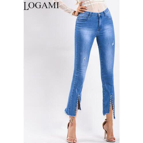 LOGAMI Low Waist Irregular Beading Jeans Woman Spring Summer Pencil Jeans For Women Denim Pants Trousers