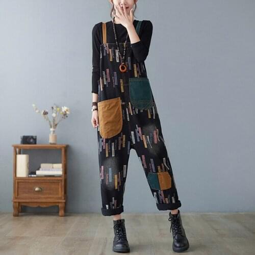 2021 New Arrival Autumn Arts Style Women Loose Casual Vintga Print Jumpsuits Cotton Denim Ankle-length Pants Rompers Jeans W673