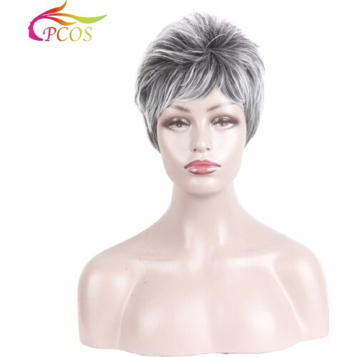 Ladies Synthetic Wig Short Wave Fluffy Natural Silver White Gradient Rose Net Wig+Free wig cap