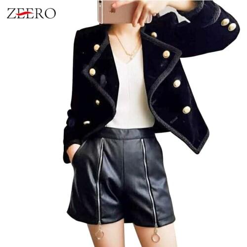 Women Chic Black Velvet Coat Notched Collar Plus Size Short Jacket 2019 Autumn Winter Runway Double Breasted Suit Slim Outwear