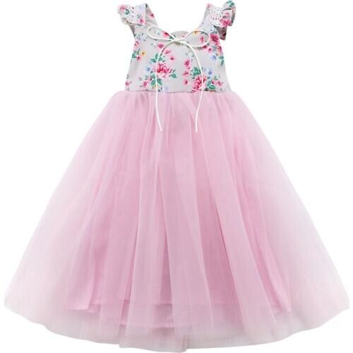 Princess Formal Dress For Baby Kids Girls Sleeveless Backless Floral Lace Mesh Dresses Sweet Bow Babe Girl Summer Party Vestidos