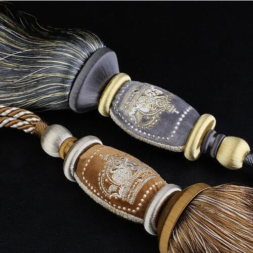 QGVLish Europe 1Pair Crown Embroidery Curtain Tassel Fringe Tiebacks Straps Hanging Belt Ball Brush Bind Buckle Curtain Holder