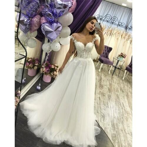 2021 Lace Appliques Off Shoulder Wedding Dresses for Bride Long Sweep Train Bridal Gowns vestido de noiva