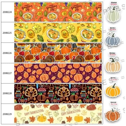 Thanksgiving Pumpkin Pattern Printed Ribbon 30 Pcs Planar Resins 5 Yards Grosgrain/Satin 25mm/38mm/50mm/75mm DIY Decor 200822
