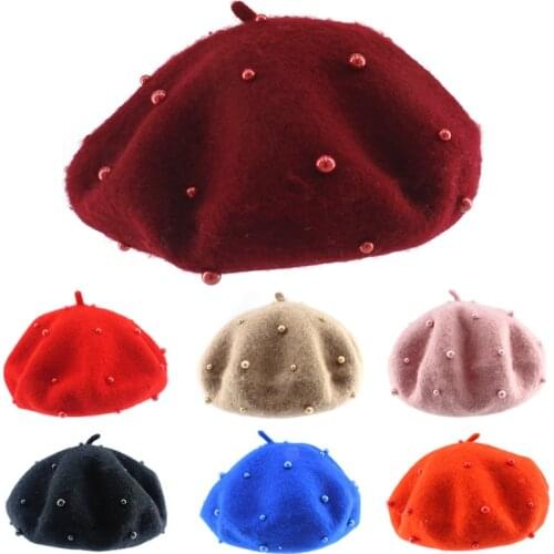 Baby Girl Hat with Pearls Fashion Wool Candy Color Beret Hats for Girls 3-8 Years Spring Autumn Winter Children Kids Beret Cap