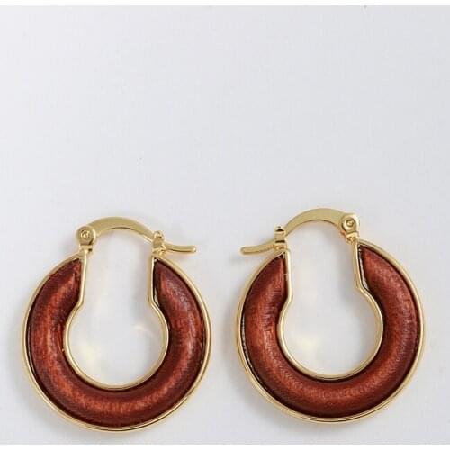 European and American French metal cold wind inlaid wooden earrings retro Hong Kong style design sense circle earrings women