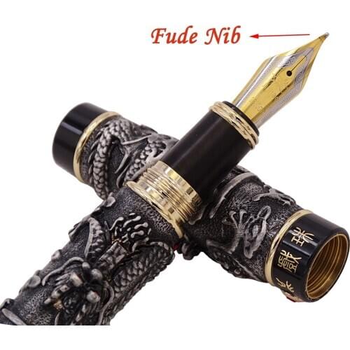 Jinhao Vintage Noble Gray Fountain Pen Double Dragon Calligraphy Fude Nib Metal Carving Embossing Heavy Gift Pen Collection