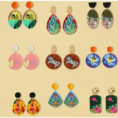 Lifefontier Colorful Graffiti Acrylic Drop Earrings for Women Flower Animal Geometric Round Heart Dangle Earrings Jewelry 2021