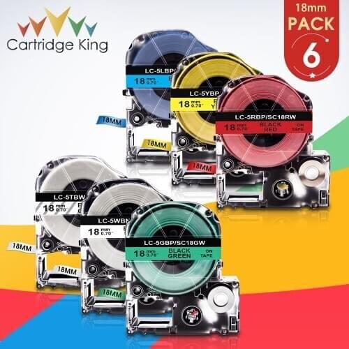 6PK ST18KW SS18KW SC18RW SC18YW SC18BW SC18GW Black on White 18mm 3/4" Label Ribbon Tape for Epson King Jim TepraPro Label Print