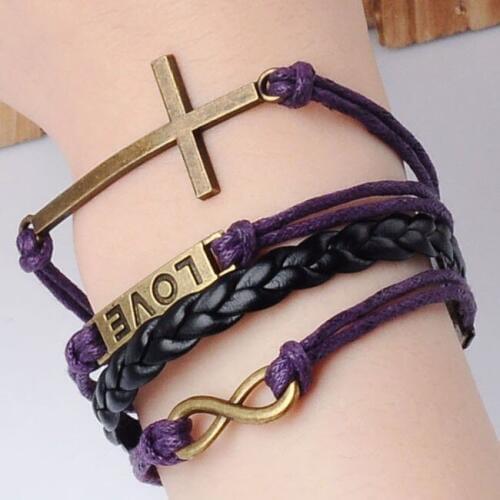 Fashion Vintage Infinity Cross Karma Charms Rope PU Leather Cuff Bracelet Handmade Bangle Wrap Wristbands Jewelry Men Women Gift