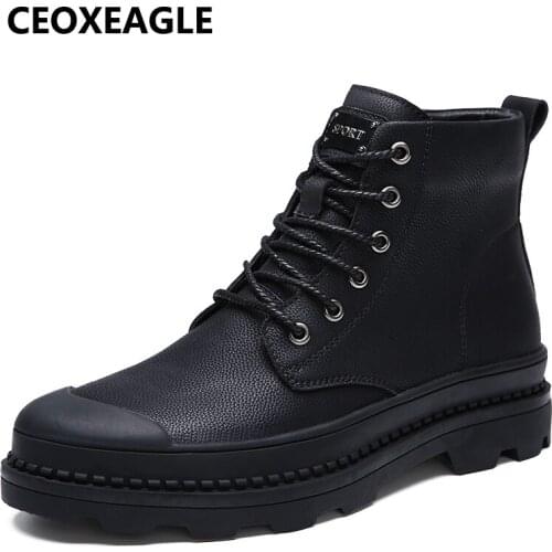 Fashion Men Boots Winter With Fur 2018 BlackLeather Shoes Men Warm Casual Boot Male Rubber Ankle Snow Botas Lace Up Plus Size 46