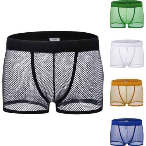 Men Sexy Boxer Underwear Summer Hollow Out Underwear Solid Color Breathtable Mesh Transparent Low Rise Panties Fashion