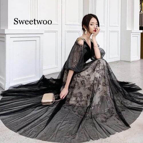 New Off Shoulder Summer V-neck Long Party Dress Women Luxury Elegant Sequin Night Mesh Dress Female Black Sexy Long Dresses