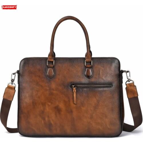 New Retro Business Men Briefcase Genuine Leather Computer Shoulder Bag Mens Cross 14" Laptop Messenger Bag First Layer Leather