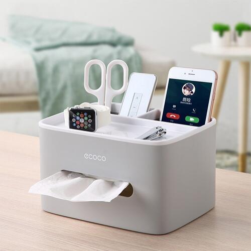 ECOCO Makeup Organizer with Removable Jewery Tray Tissue Box Bathroom Tissue Dispenser Portable Napkin Holder Table Phone Holder