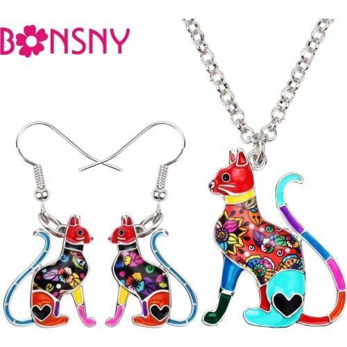 Bonsny Enamel Alloy Elegant Sitting Kitten Cat Earrings Necklace Jewelry Sets For Women Girls Teens Gift Statement Bijoux Charms