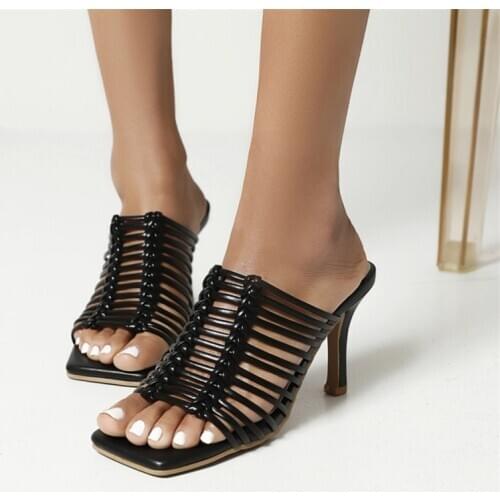 PXELENA NEW Plus Size 35-46 Roman Hollow Out Weave Slides Women Kitten High Heels Modern Slippers 2021 Summer Beach Party Shoes