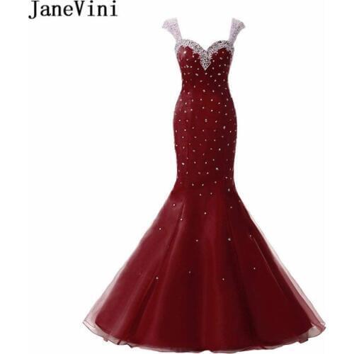JaneVini Luxury Sequins Beaded Burgundy Bridesmaid Dresses for Women Sweetheart Sheer Back Floor Length Mermaid Tulle Prom Gowns
