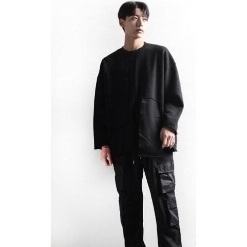 Round neck mens spring autumn new Korean fashion pocket casual long sleeve mens solid color top