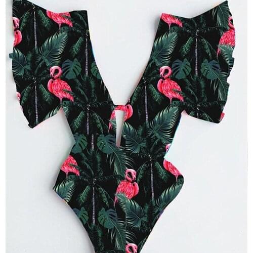 Sexy V Neck Swimwear One Piece Swimsuit High Waist Strap Green Bikinis Swimwear Printed Ruffled Flower Bandage Beachwear