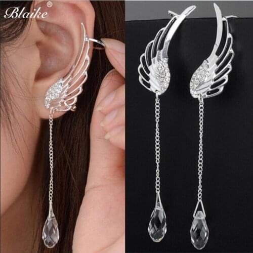 Blaike 925 Silver Jewelry Angel Wing Dangle Earring Exquisite Crystal Drop Long Earrings For Women Bride Wedding Party Jewelry